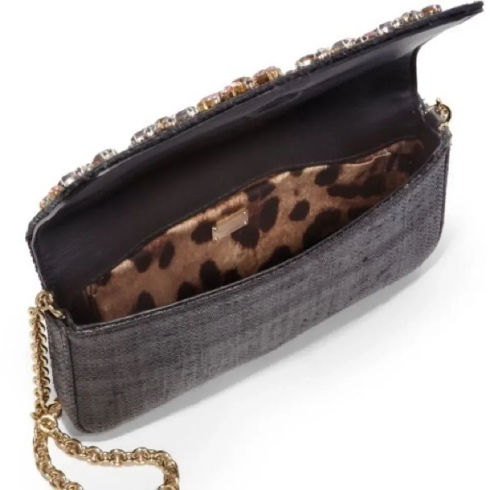 Dolce&Gabbana Floral Embellished Black Raffia Clutch NWT Pristine Condition